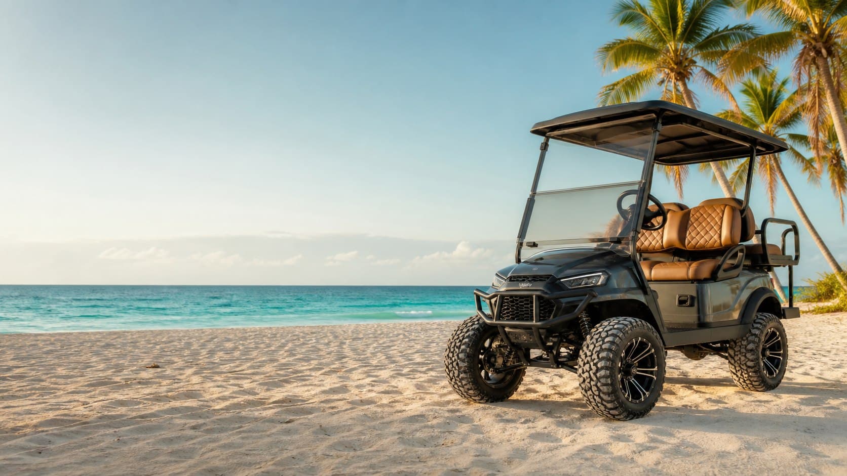 A customized lifted golf cart on a tropical beach