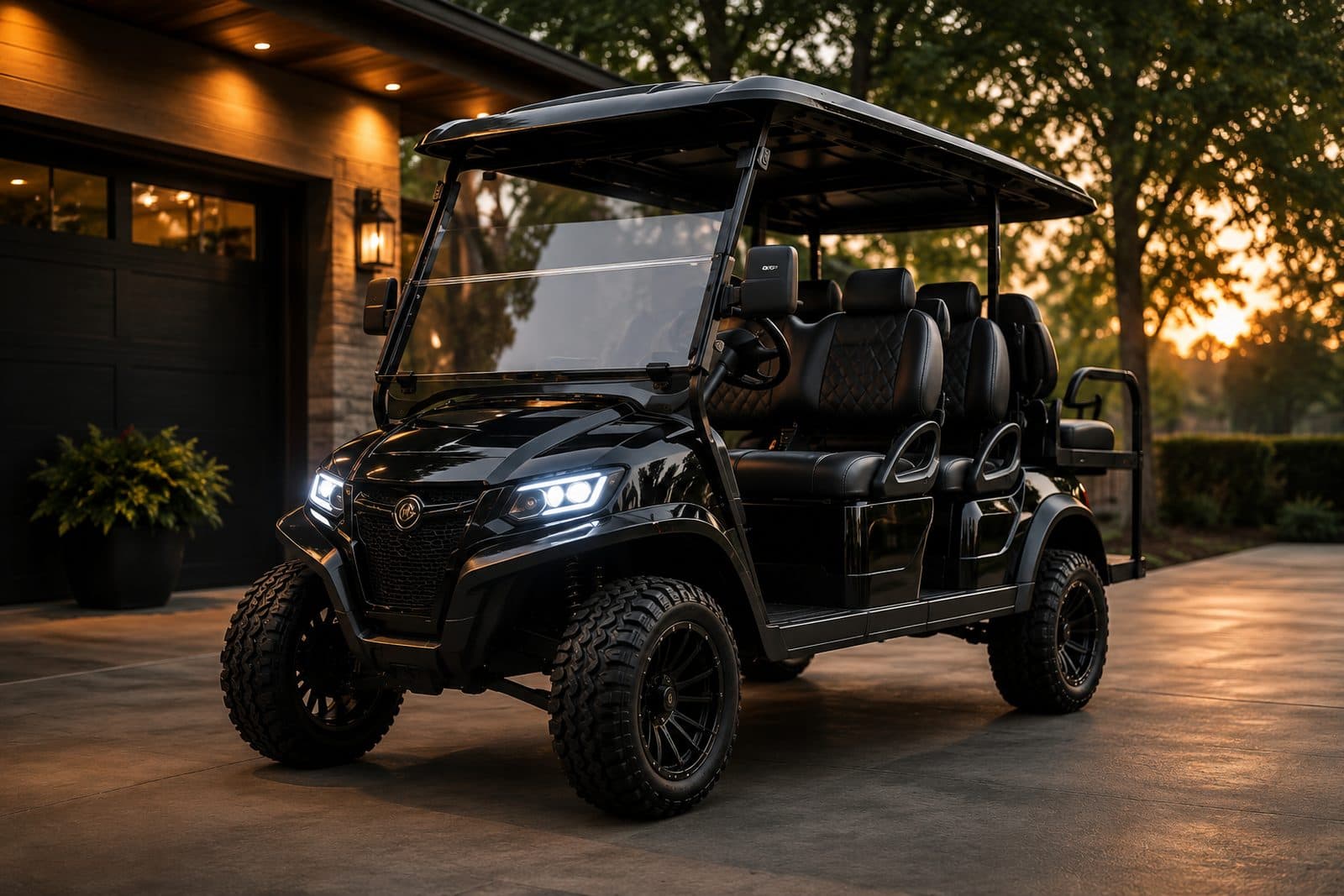 A black golf cart in an upscale driveway at dusk