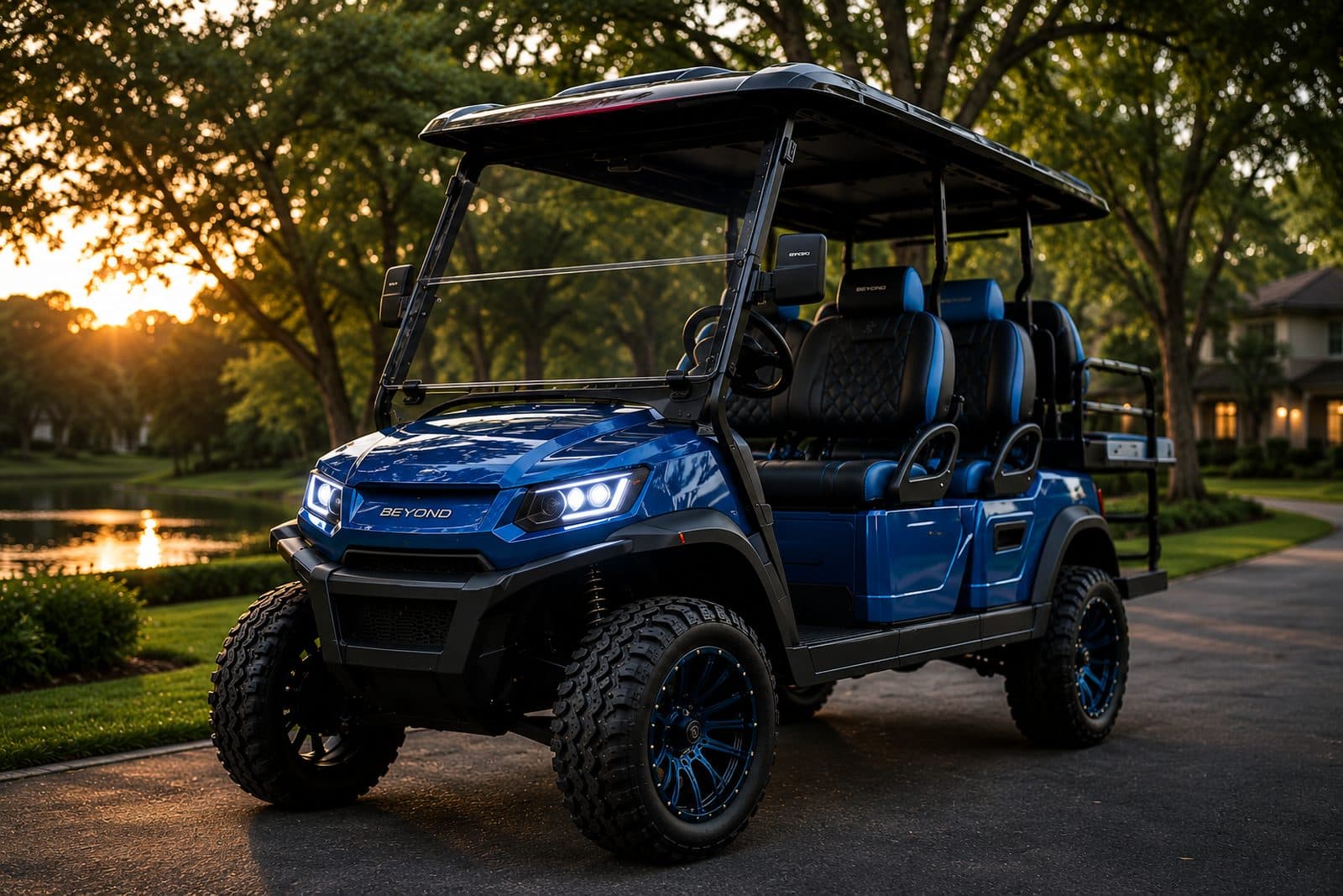 A customized golf cart parked by a lake at golden hour