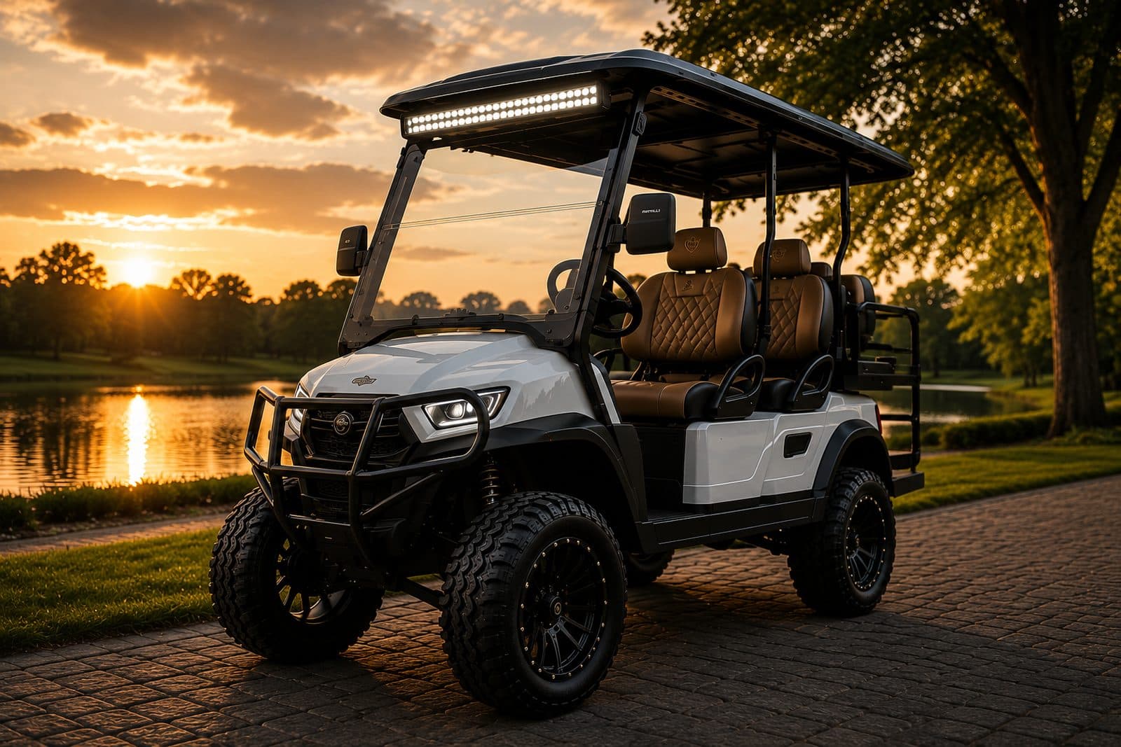 A lifted golf cart at sunset by a lake